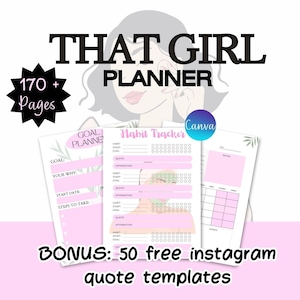 Puede incluir: Un planificador imprimible rosa y blanco con el texto "THAT GIRL PLANNER" en negro. El planificador incluye un planificador de objetivos, un rastreador de hábitos y una sección de notas. El planificador también incluye el texto "170+ Páginas" y "BONUS: 50 plantillas de citas de Instagram gratuitas".