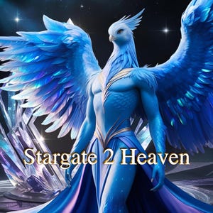 May include: A digital artwork depicting a winged humanoid figure with blue plumage and attire. The image includes the text "Stargate 2 Heaven". The background features a starry night sky and crystalline structures, with a predominantly blue and gold colour scheme.
