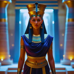 Peut inclure: Une femme portant une coiffe et des bijoux en or, vêtue d'une robe bleue et violette. L'image est située dans un temple avec des colonnes et un éclairage doux. La femme est le point central, avec un thème royal et historique.