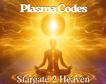 May include: An artistic digital illustration featuring a meditating figure in a lotus position, radiating light. The image is predominantly gold and yellow, with the text "Plasma Codes" and "Stargate 2 Heaven" in white.