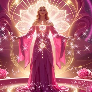 May include: Digital art of a woman in a flowing pink dress with long sleeves, arms outstretched. She is surrounded by a glowing, ornate design with a large, radiant flower shape behind her. Sparkling stars and pink roses add to the ethereal scene.