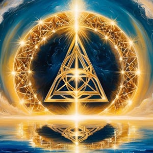 May include: A digital painting depicts a golden geometric design with a triangle at the center, surrounded by a circle of interconnected lines and stars. The background features a blue and gold gradient, with a reflective water surface below.