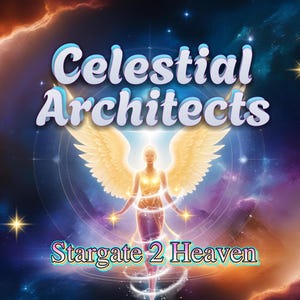 May include: A digital illustration of an angel with golden wings against a colorful galaxy background. The text "Celestial Architects" and "Stargate 2 Heaven" is displayed in the image.