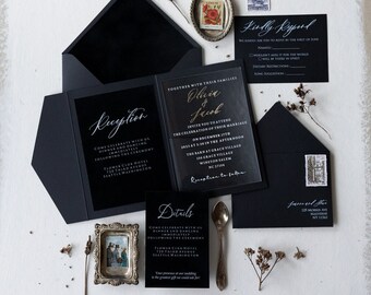 Zwart & goud acryl huwelijksuitnodigingen, fluwelen uitnodigingen, Pocketfold zwarte huwelijksuitnodiging, Pocket Black uitnodiging plexi