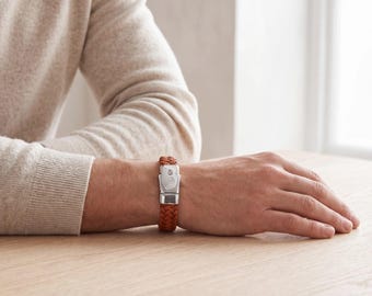 Braided Leather Ashes Bracelet For Men in Cognac - Wide Braid