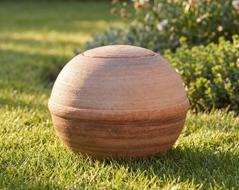 May include: A spherical terracotta urn with a smooth, rounded lid and a textured, earthy brown finish. The object features a distinct horizontal ridge around its center, showcasing natural clay tones and a matte, weathered appearance.