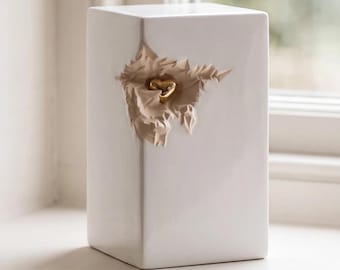 Cherished Heart Cremation Urn for Ashes in White and Gold