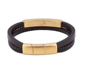 Adjustable Braided Leather Ashes Bracelet For Men in Black and Gold