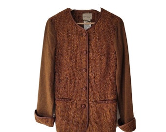 Beretta Womens Cognac Wool Tweed Leather Trim Button Up Jacket Sz M 42...