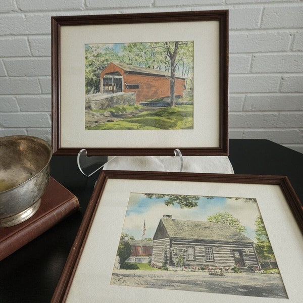 Vintage Pair Davis Gray Framed Signed Prints Manheim Pennsylvania 12x15"