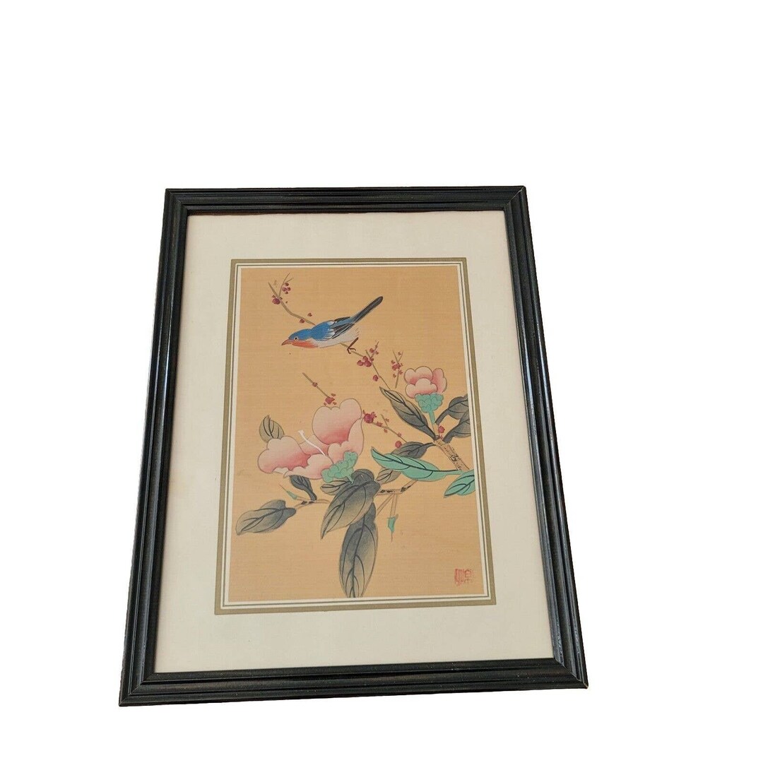 Original Signed Japanese Art Silk Painting Blue Bird Cherry Blossoms