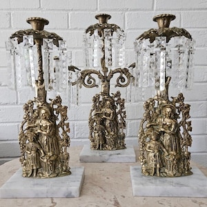 Vintage Brass Marble Base 3 Arm 3 Piece Set Mantle Girandole Candelabra Prisms