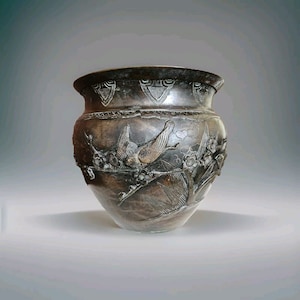 1900 Japanese Bronze Vase Meiji Birds Floral Signed 9&quot; Tall