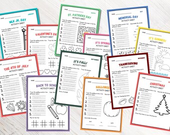Holiday Activity Sheets Bundle – Spelling, Drawing, Games (Digital Download)