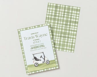 Golf 1st Birthday Invitation | Green Plaid, Golf Cart (JPG & PDF)