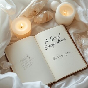 May include: An open book with the title "A Soul Snapshot" and the subtitle "The Story of me" rests on a white surface, surrounded by lit candles, crystals, and other decorative elements. The scene is bathed in soft, warm light.