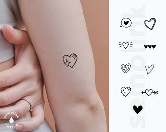 Heart temporary tattoo bundle set of 9 hand-drawn hearts tattoo designs, minimal tattoo, diy tattoo