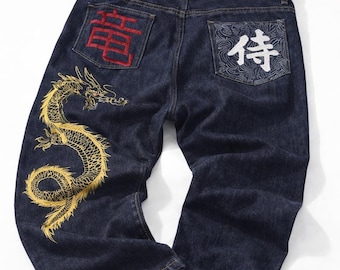 Japanese Dragon Embroidered Navy Hip-hop Baggy Jeans