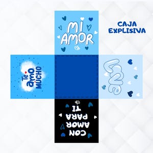 Puede incluir: Una caja de manualidades azul y blanca con las palabras "Mi Amor" y "Love" en escritura blanca. La caja también tiene las palabras "Te amo mucho" y "Con amor para ti" en escritura blanca. La caja está etiquetada como "Caja Explosiva".