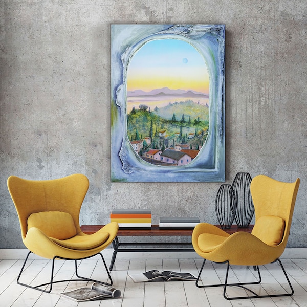 Provence paysage landscape window view nature morning calm meditation good vibes picture acrylic painting handmade wall art deco large