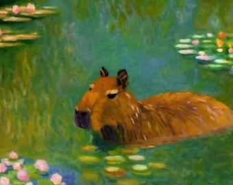 Capybara Water Lilies Art Print - Floral Animal Painting - Gift for Capybara Lovers