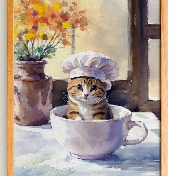 Teacup Cat Art Print - Cat Lover Wall Art - Cozy Cat Painting - Adorable Cat Art