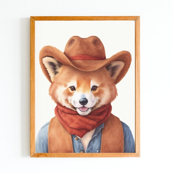 Cowboy Red Panda Art Print - Quirky Western Home Decor - Cadeau pour les amoureux de Panda - Boho Red Panda Art