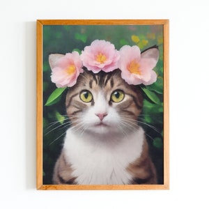 Pink Flower Crown Cat Art Print - Cat Portrait on Green Background - Cute Cat Wall Decor