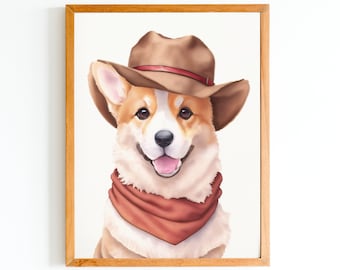 Cowboy Corgi Art Print - Quirky Western Home Decor - Gift for Corgi Lovers - Dressed Up Dog Portraits