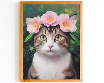 Pink Flower Crown Cat Art Print - Cat Portrait on Green Background - Cute Cat Wall Decor