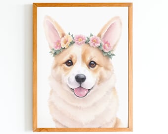 Flower Crown Corgi Art Print - Cute Dog Wall Decor - Floral Animal Portrait