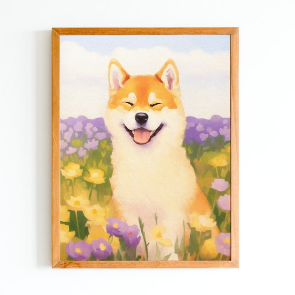 Shiba Flowers Art Print - Purple and Yellow Floral Wall Art - Smiling Shiba Portraits - Gift for Shiba Lovers