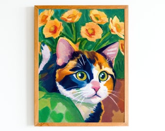 Calico Cat Art Print - Floral Cat Portrait - Abstract Style Painting