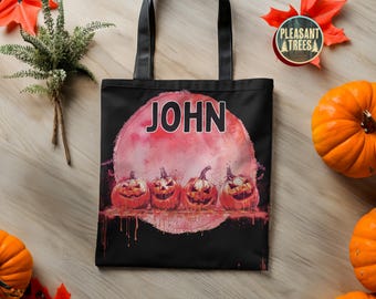 Personalized Halloween Tote Bag Customized Jack-O'-Lantern Pumpkin Witch Black Cat  Ghost Sturdy Tote Bag for Trick or Treat Goodie Bags