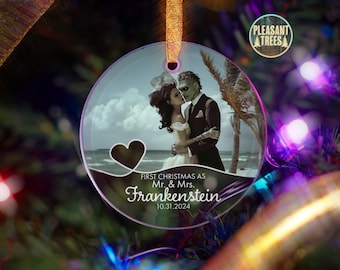 First Christmas as Mr. and Mrs. | Custom Glass Photo Ornament with Personalized Text | Perfect Wedding Keepsake & Holiday Gift