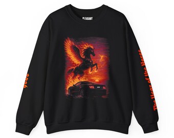 Fiery Pegasus and Muscle Car Crewneck Sweatshirt | Flaming Horse Graphic