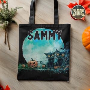 Personalisierte Halloween-Einkaufstasche Individuelle schwarze Katze Schloss Skelett Geist Robuste Einkaufstasche für Süßes oder Saures Goodie Geschenktaschen
