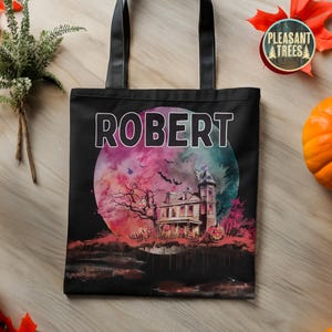 Personalisierte Halloween Tragetasche Individuelle Haunted House Schwarze Katze Schloss Skelett Geist Robuste Einkaufstasche für Süßes oder Saures Goodie Geschenktaschen