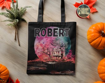 Personalized Halloween Tote Bag Customized Haunted House Black Cat Castle Skeleton Ghost Sturdy Tote Bag for Trick or Treat Goodie gift Bags