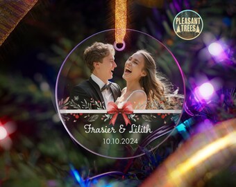 Personalized Glass Ornament with Holiday Ribbon Design | Custom Photo and Background Removal | Unique Christmas Gift