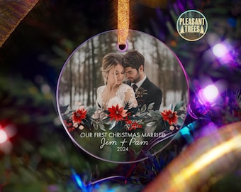 Our First Christmas Married Poinsettia Glass Ornament | Custom Photo, Text, and Background Removal | Personalized Holiday Gift