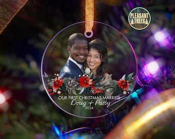 Poinsettia-Themed Glass Ornament | Personalized Photo with Custom Text and Background Removal | Christmas Keepsake Gift