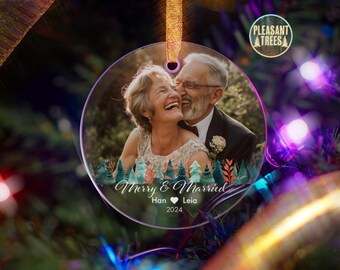 Merry & Married Christmas Tree Ornament | Personalized Glass Ornament with Custom Photo and Text | Perfect Gift for Newlyweds