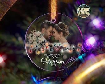 Christmas Lights Glass Ornament | Custom Photo & Background Removal | Personalized Text for Unique Holiday Keepsake or Newlywed Gift