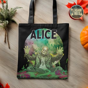 Personalisierte Halloween-Einkaufstasche Kundenspezifische Ghoul-Hexe-schwarze Katzen-Schloss-Skelett-Geist Robuste Einkaufstasche für Süßes oder Saures Goodie-Geschenktaschen