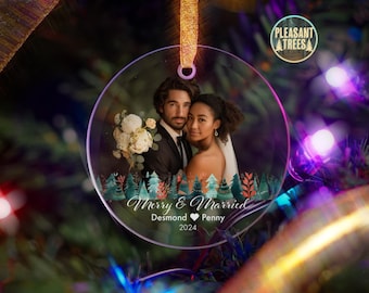 Merry & Married Christmas Tree Ornament | Custom Glass Ornament with Photo, Text, Background Removal, and more | Perfect Gift for Newlyweds