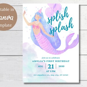 Modelo de convite de aniversário de sereia Splish Splash | Cartão de primeiro aniversário para menina | Modelo editável do Canva | Convite para download instantâneo