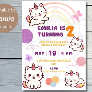 Faire-part d'anniversaire modifiable pour filles Licorne | Invitation mignonne de fête d'arc-en-ciel de chat pour des filles | Modèle de toile | Téléchargement numérique | Carte 2e anniversaire