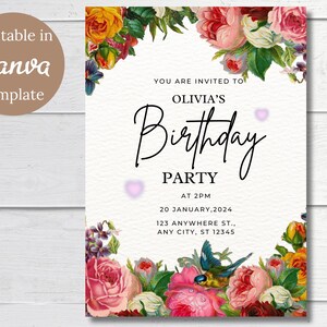 Rose Flower Girl&#39;s Birthday Invitation- Flower Birthday - Floral Woman&#39;s Birthday Template - Instant Download Editable Birthday Invitation