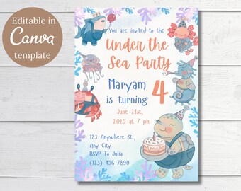 Invito di compleanno per animali sottomarini, invito per festa a tema oceano per il 4° compleanno, modello Canva digitale modificabile per bambini